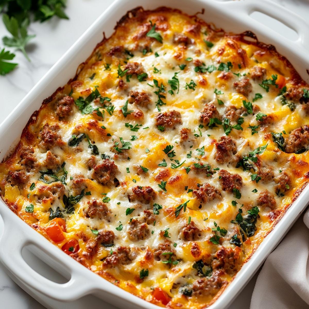 High Protein Cottage Cheese Turkey Sausage Breakfast Casserole