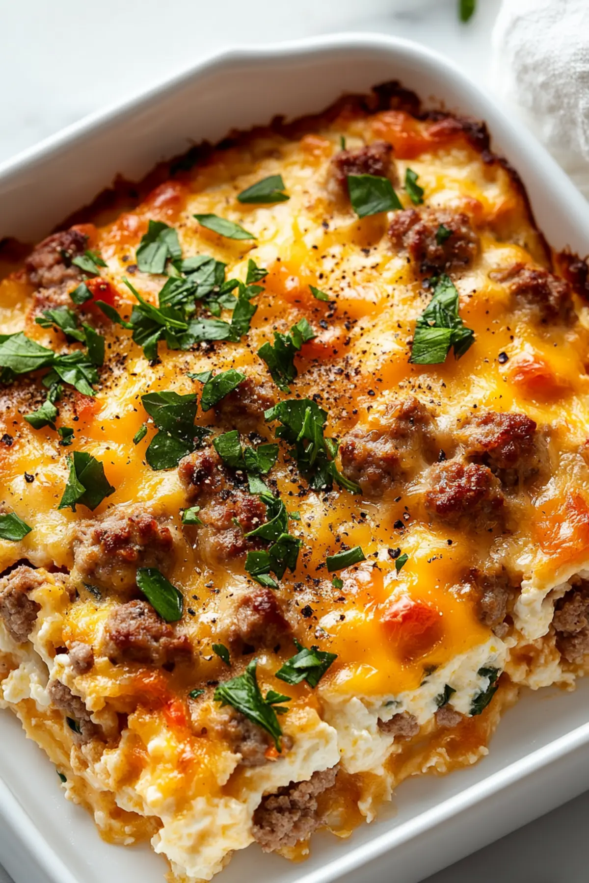 High Protein Cottage Cheese Turkey Sausage Breakfast Casserole