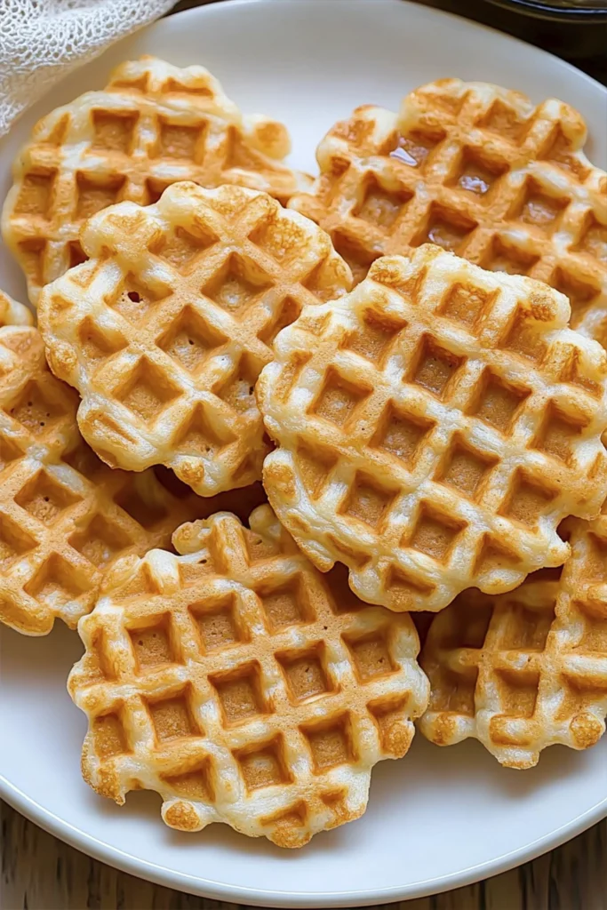 A plate of golden mini waffles arranged in a circular pattern, showing their crisp texture and waffle pockets.