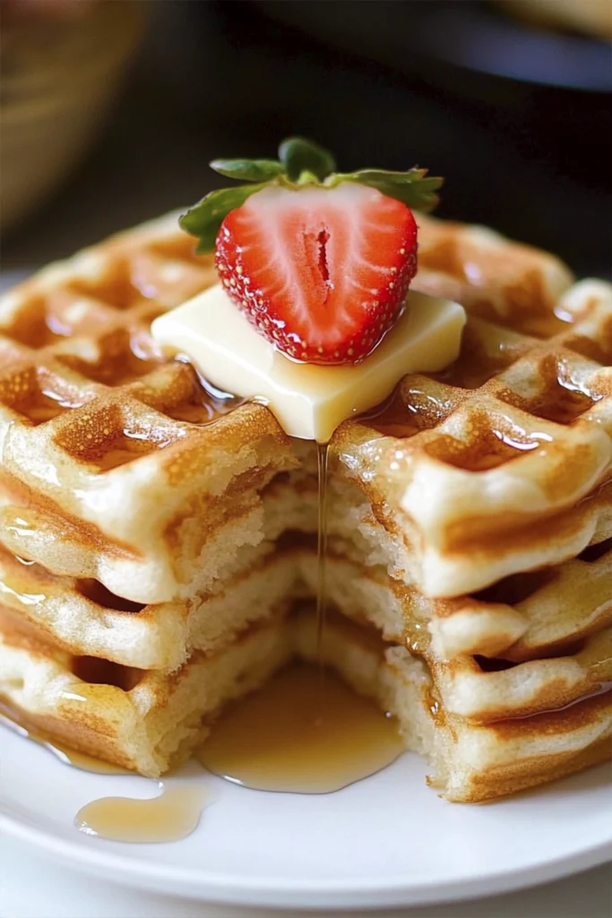 Stack of mini waffles topped with butter, maple syrup, and a strawberry slice, with a bite taken out, on a white plate.