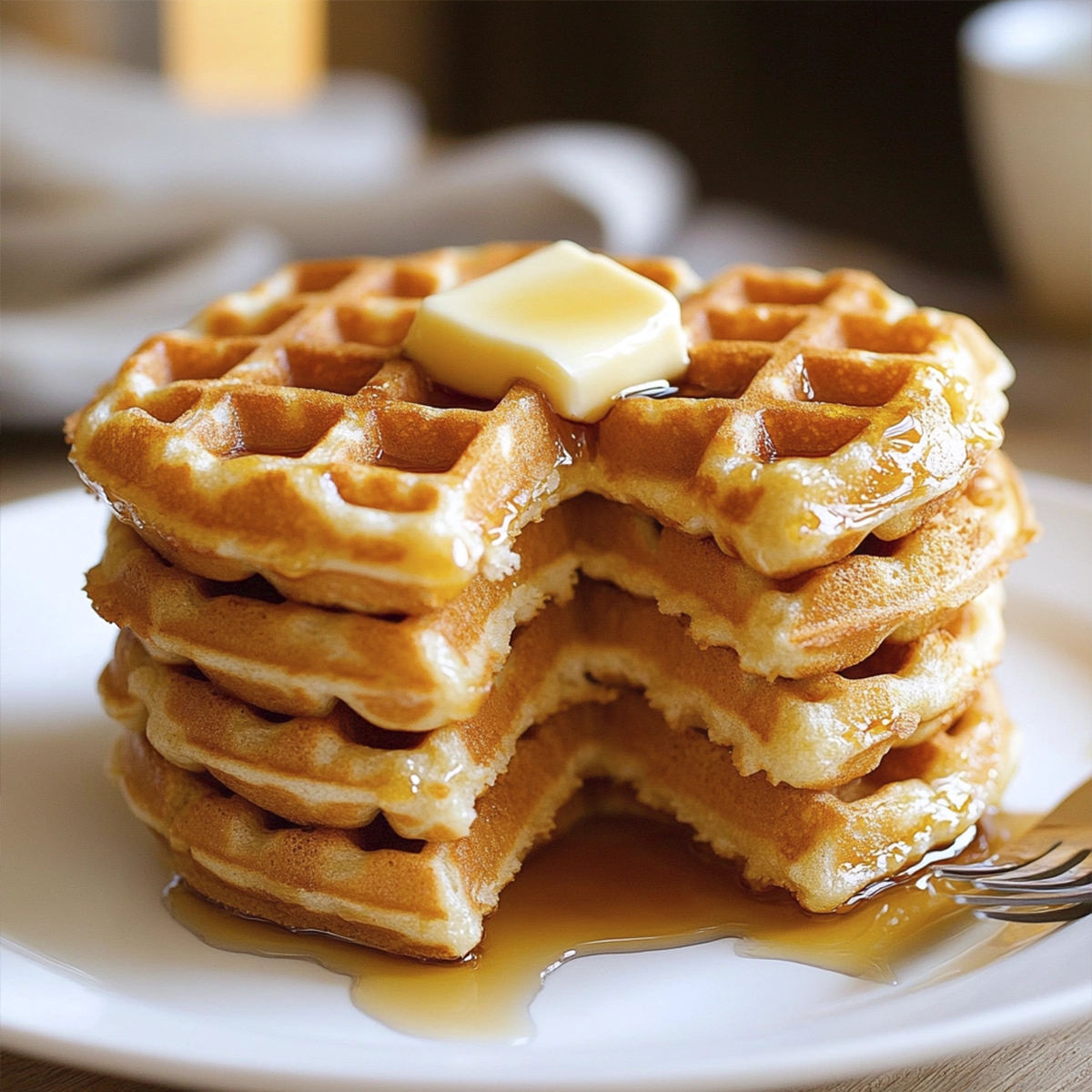 Tall stack of golden waffles with melting butter and maple syrup on a white plate.