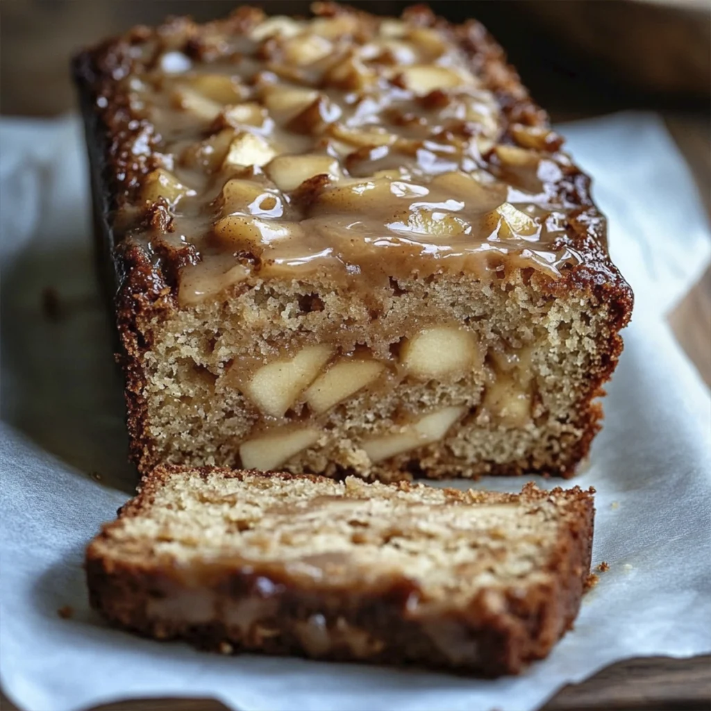 Rustic apple cinnamon bread loaf with brown sugar glaze and fresh apple chunks.