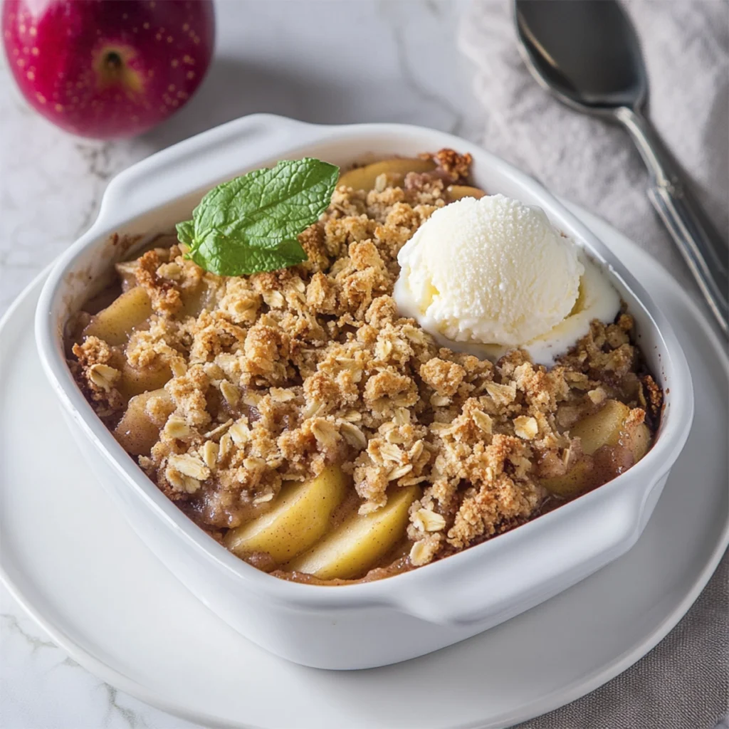 Freshly baked apple crisp topped with two scoops of vanilla ice cream in a white dish with a gold spoon
