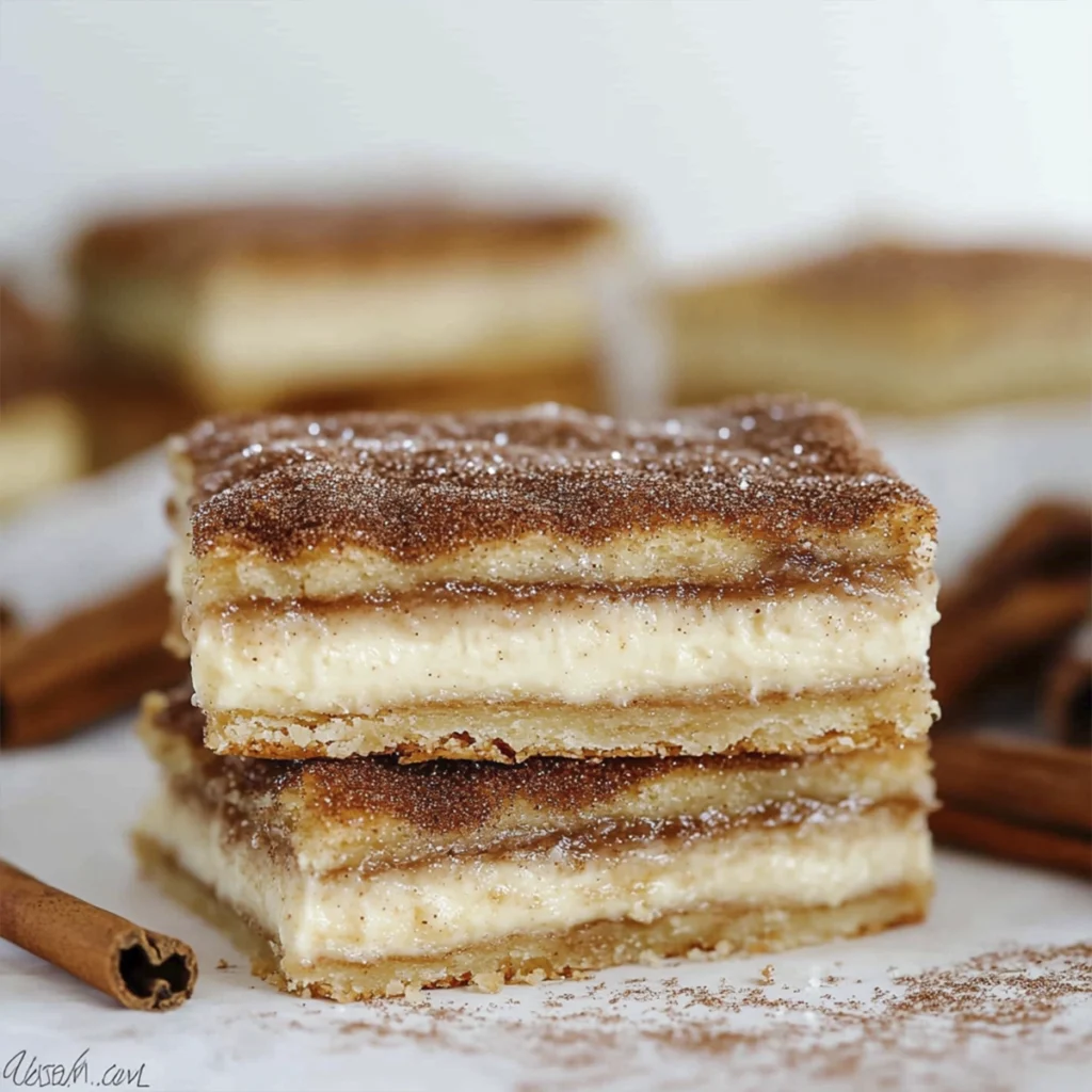 Close-up of cinnamon sugar cream cheese bars stacked with layers of flaky pastry and creamy filling.
