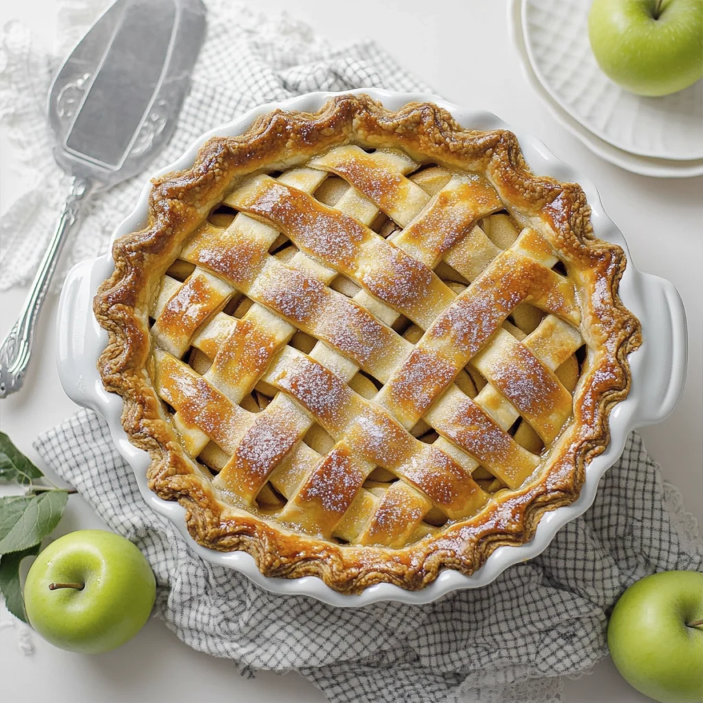 Lattice-top apple pie with golden crust and sugar topping in a white pie dish on a checkered cloth.