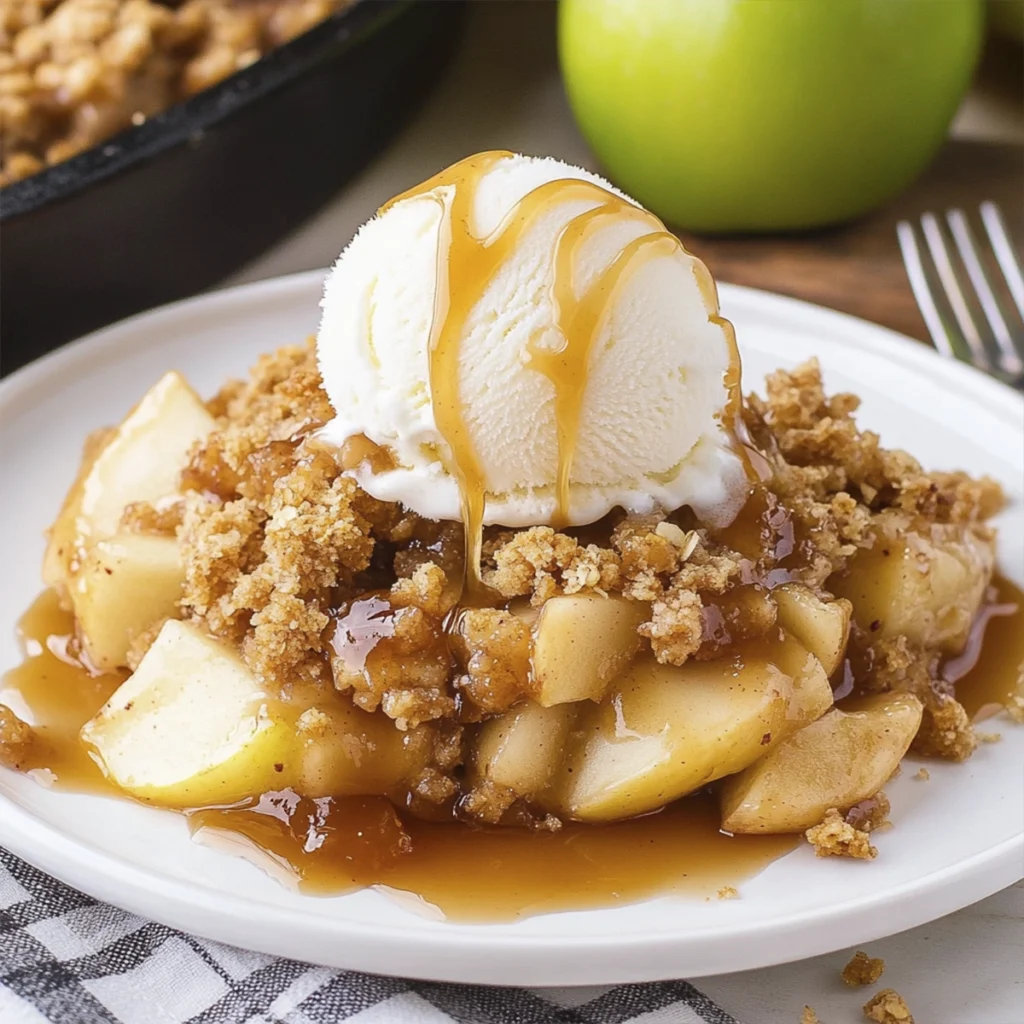 Close-up of warm apple crisp topped with vanilla ice cream and caramel drizzle on a white plate.