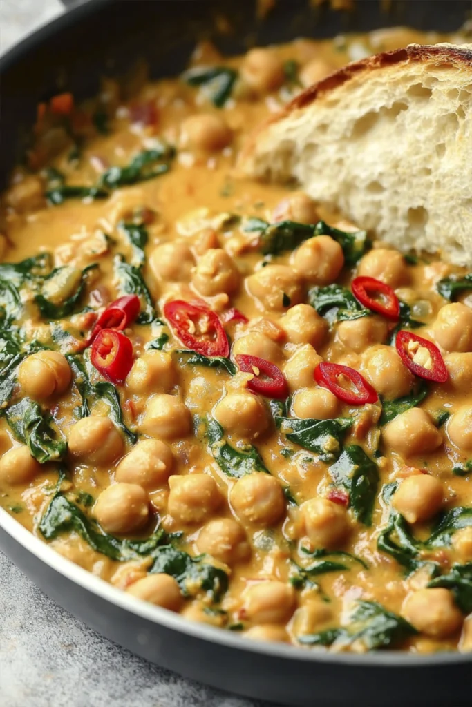 Creamy chickpea curry with spinach and red chili served in a bowl with rustic bread.