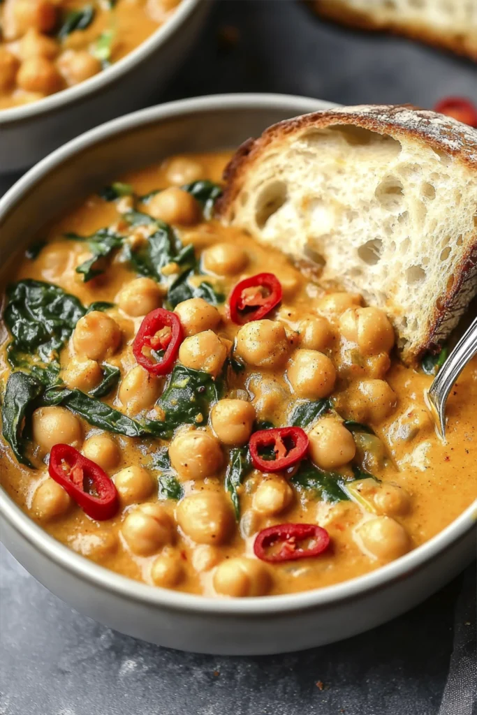 Creamy chickpea curry with spinach and red chili in a skillet served with crusty artisan bread.