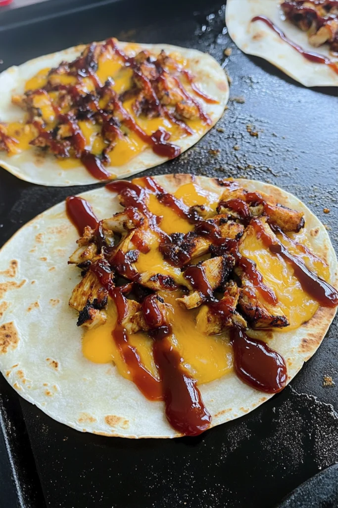 Close-up of barbecue chicken quesadillas cooking on a griddle with melted cheddar cheese and sauce drizzle.