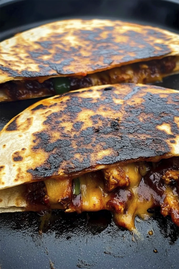 Close-up of crispy BBQ chicken quesadillas with melted cheddar cheese and caramelized sauce cooking on a griddle.