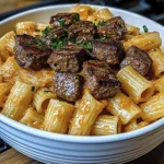 Close-up of creamy steak pasta with rigatoni in a rich orange cream sauce topped with seared steak bites and fresh parsley.