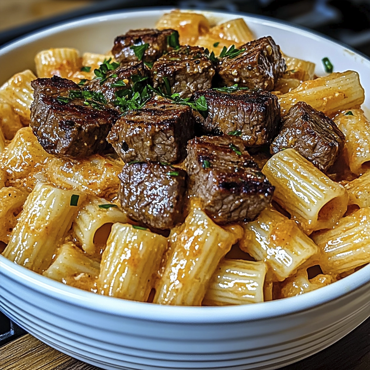 Close-up of creamy steak pasta with rigatoni in a rich orange cream sauce topped with seared steak bites and fresh parsley.