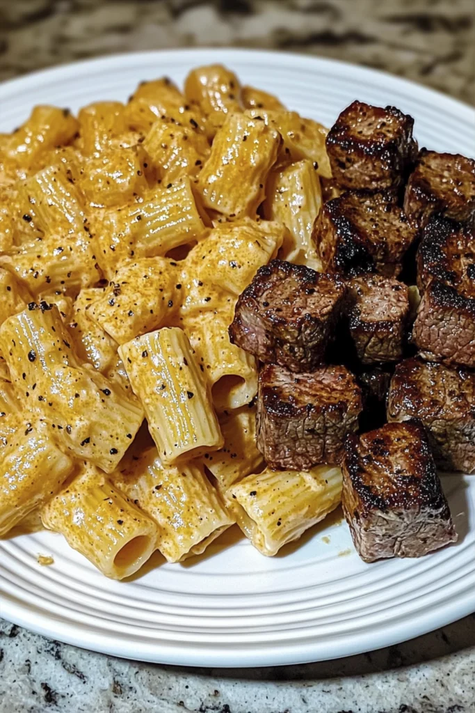 Close-up of creamy rigatoni pasta with parmesan sauce served alongside seared steak bites on a white plate.