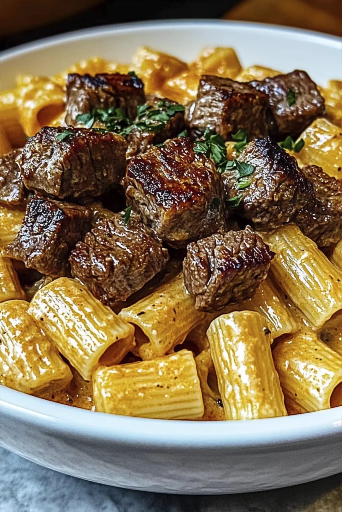 Close-up of creamy rigatoni pasta topped with seared steak bites and parsley in a white bowl.