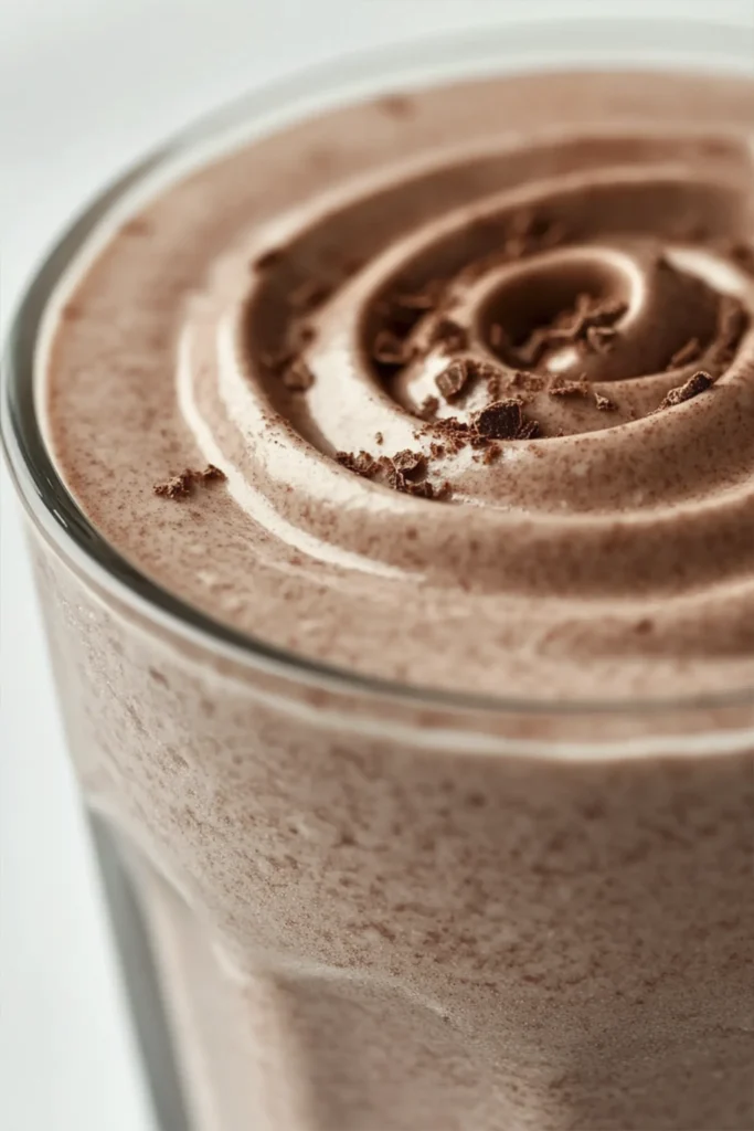 Close-up of creamy chocolate mousse with swirl texture in a glass cup