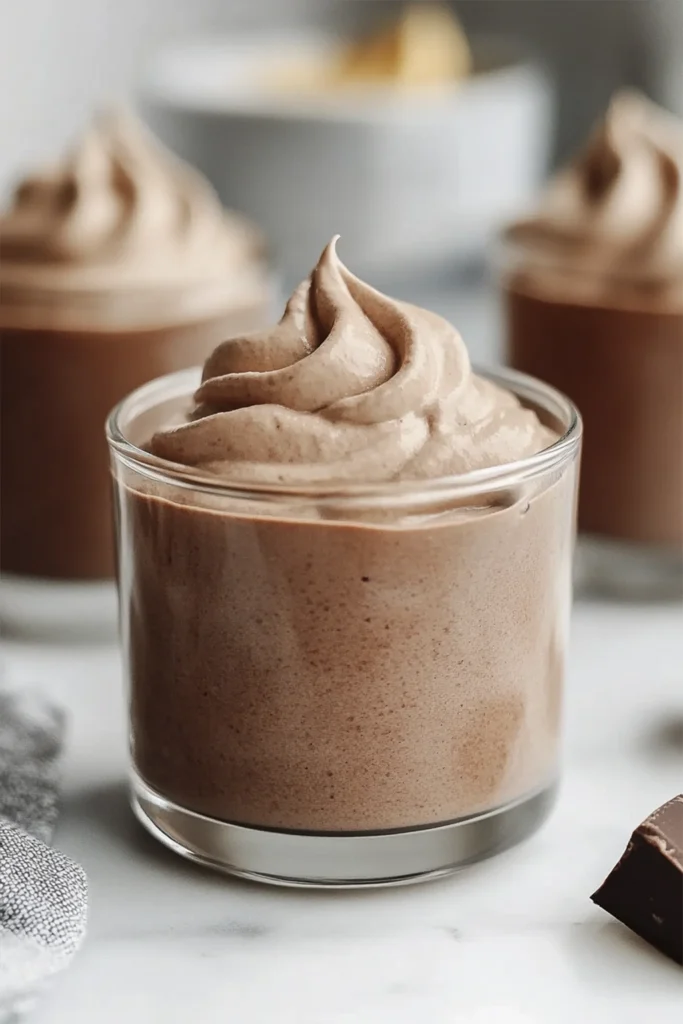Creamy chocolate mousse piped into glass cups on a white napkin