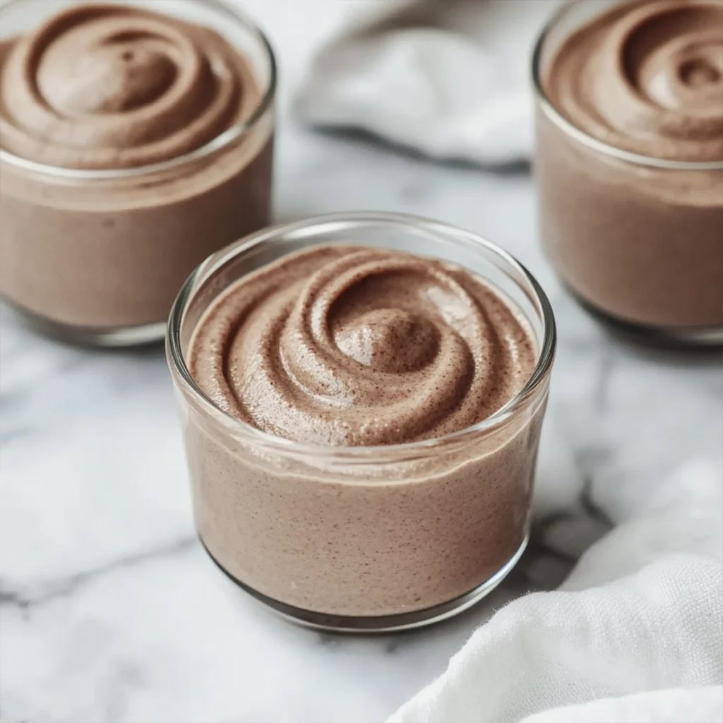Creamy chocolate mousse swirled in clear glass cups on a marble background.