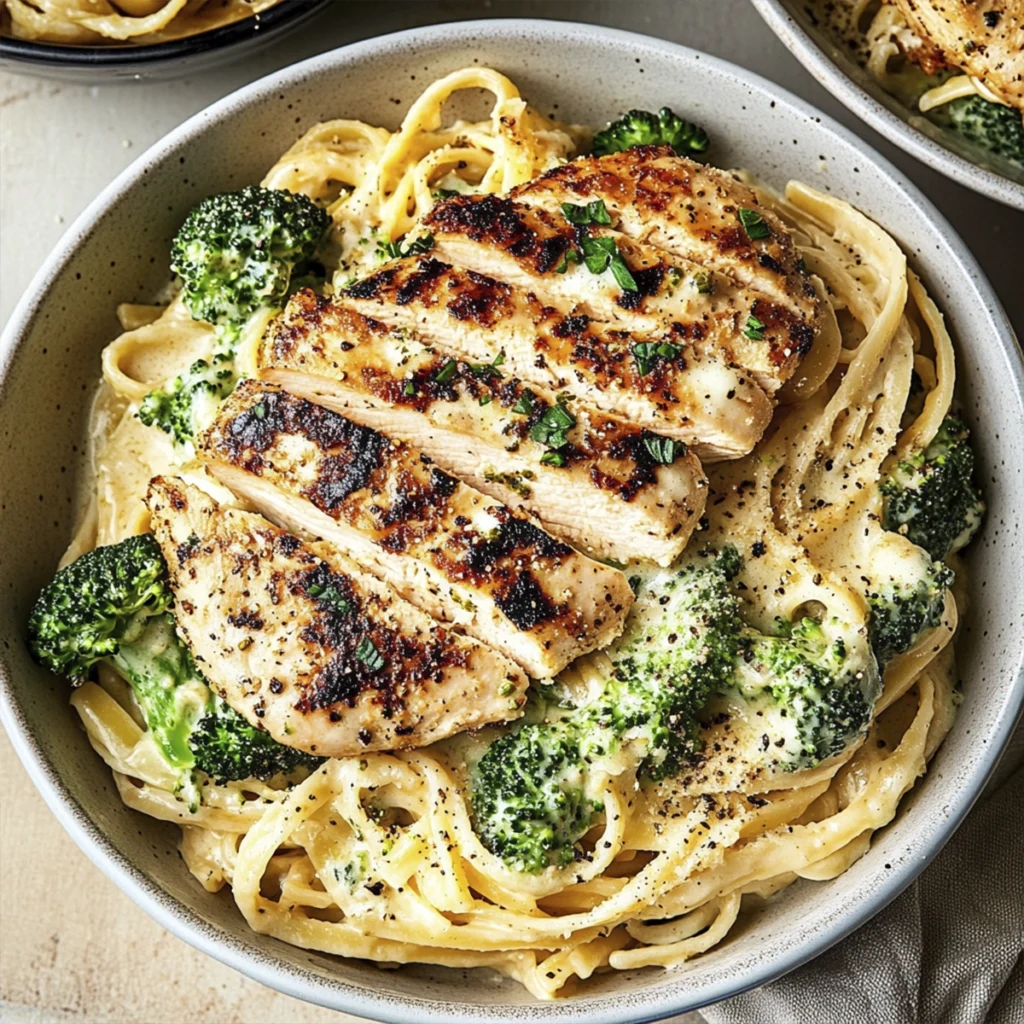 Creamy chicken broccoli pasta topped with sliced grilled chicken breast in a large bowl.
