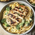 Creamy chicken broccoli pasta topped with sliced grilled chicken breast in a large bowl.