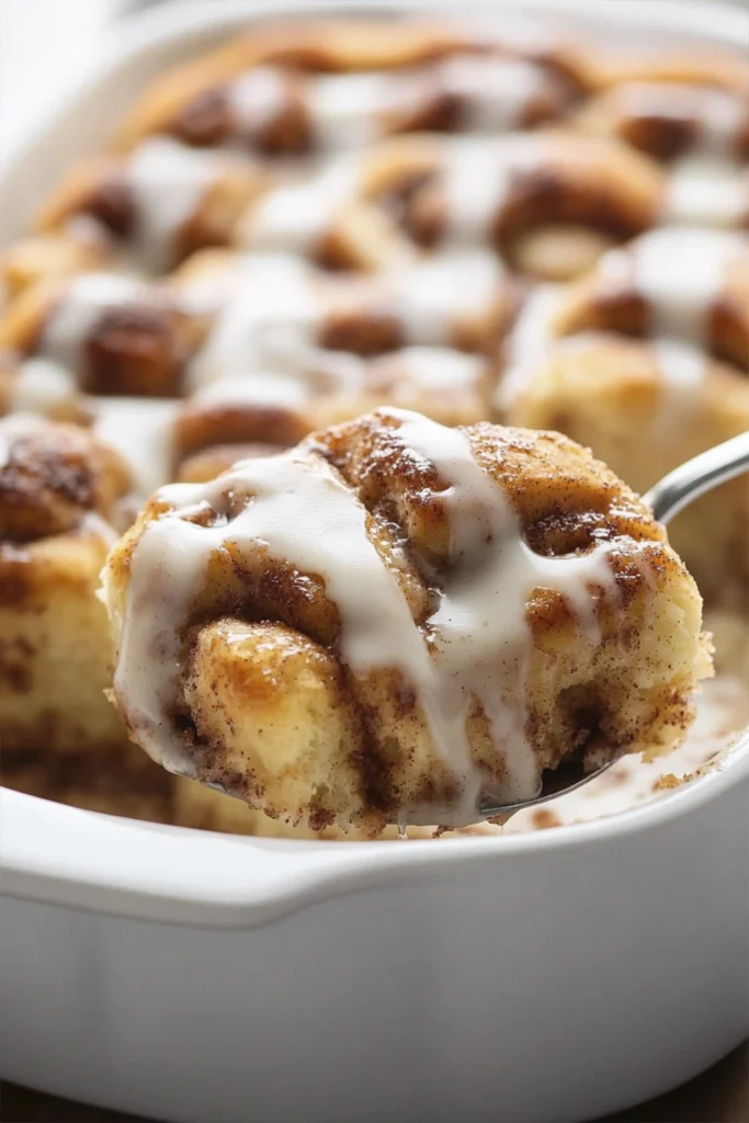 Close-up of a golden brown cinnamon roll casserole with vanilla glaze drizzled on top, served from a white baking dish with a spoon lifting a soft, fluffy piece.