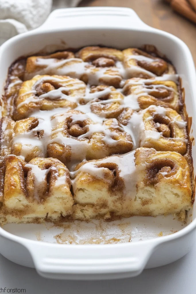 Freshly baked cinnamon rolls in a white casserole dish topped with thick vanilla icing and rich cinnamon swirls.