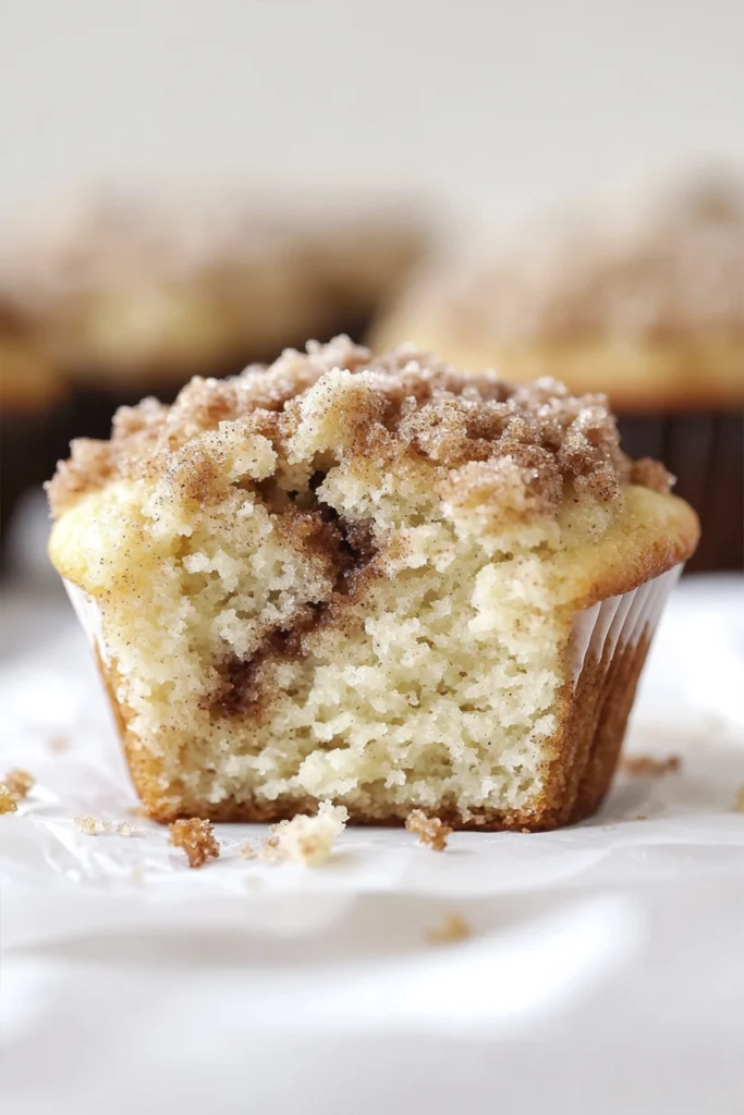 Inside view of a cinnamon streusel muffin with crumb topping and vanilla glaze
