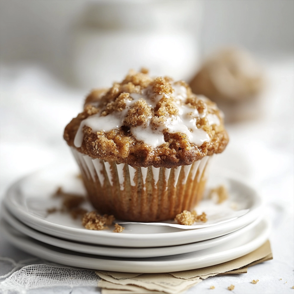 Cinnamon crumb muffin with vanilla glaze drizzle on stacked ceramic plates.