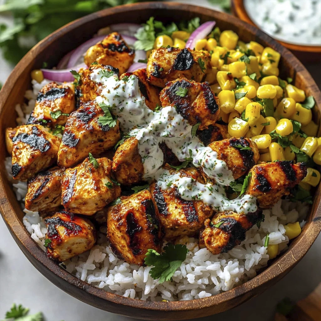 Spicy grilled chicken rice bowl with roasted corn, red onions, cilantro, and creamy garlic sauce in a wooden bowl.