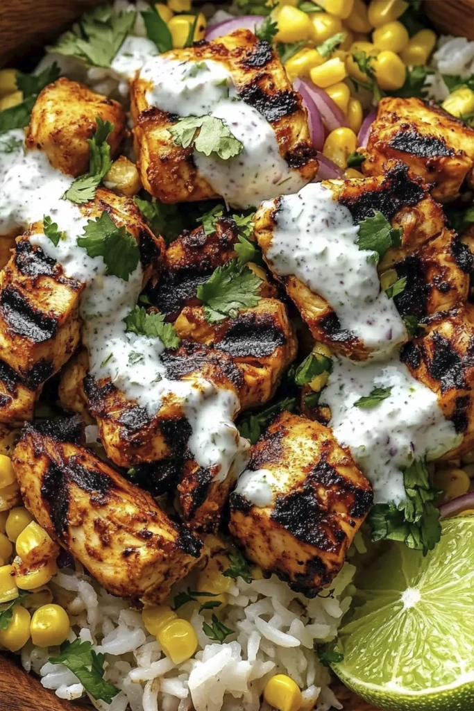 Close-up of grilled chicken rice bowl with charred corn, red onion, cilantro, and creamy garlic sauce drizzle.