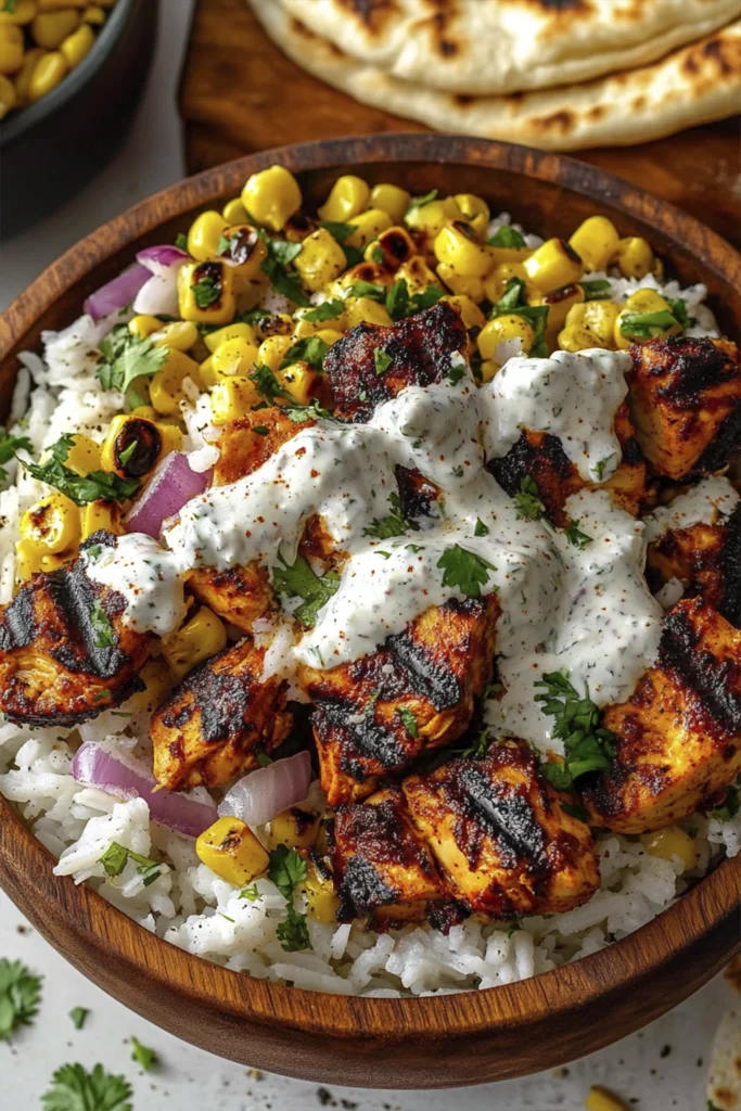 Close-up of grilled chicken rice bowl with charred corn, cilantro, red onion, creamy garlic sauce, and naan bread.