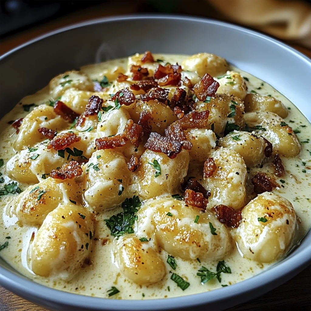 Close-up of creamy chicken gnocchi in garlic parmesan sauce topped with crispy bacon and fresh parsley in a rustic bowl.