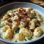 Close-up of creamy chicken gnocchi in garlic parmesan sauce topped with crispy bacon and fresh parsley in a rustic bowl.