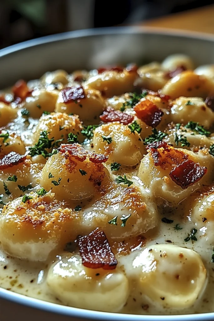 Close-up of golden pan-seared gnocchi in creamy garlic parmesan sauce topped with crispy bacon and fresh parsley.
