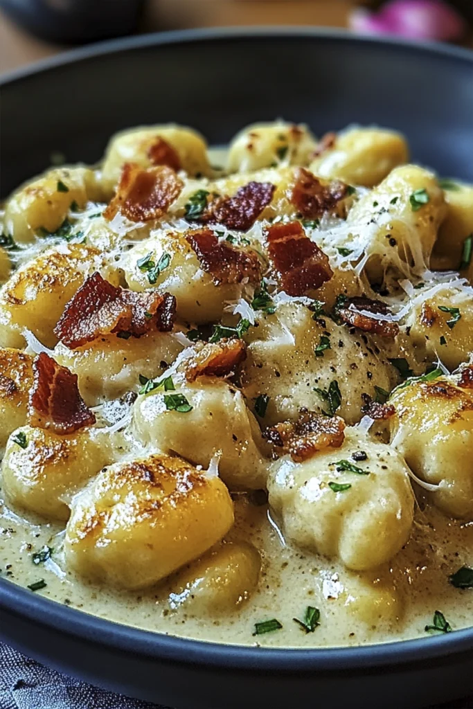 Close-up of creamy chicken gnocchi in parmesan garlic sauce topped with crispy bacon and fresh parsley in a dark bowl.