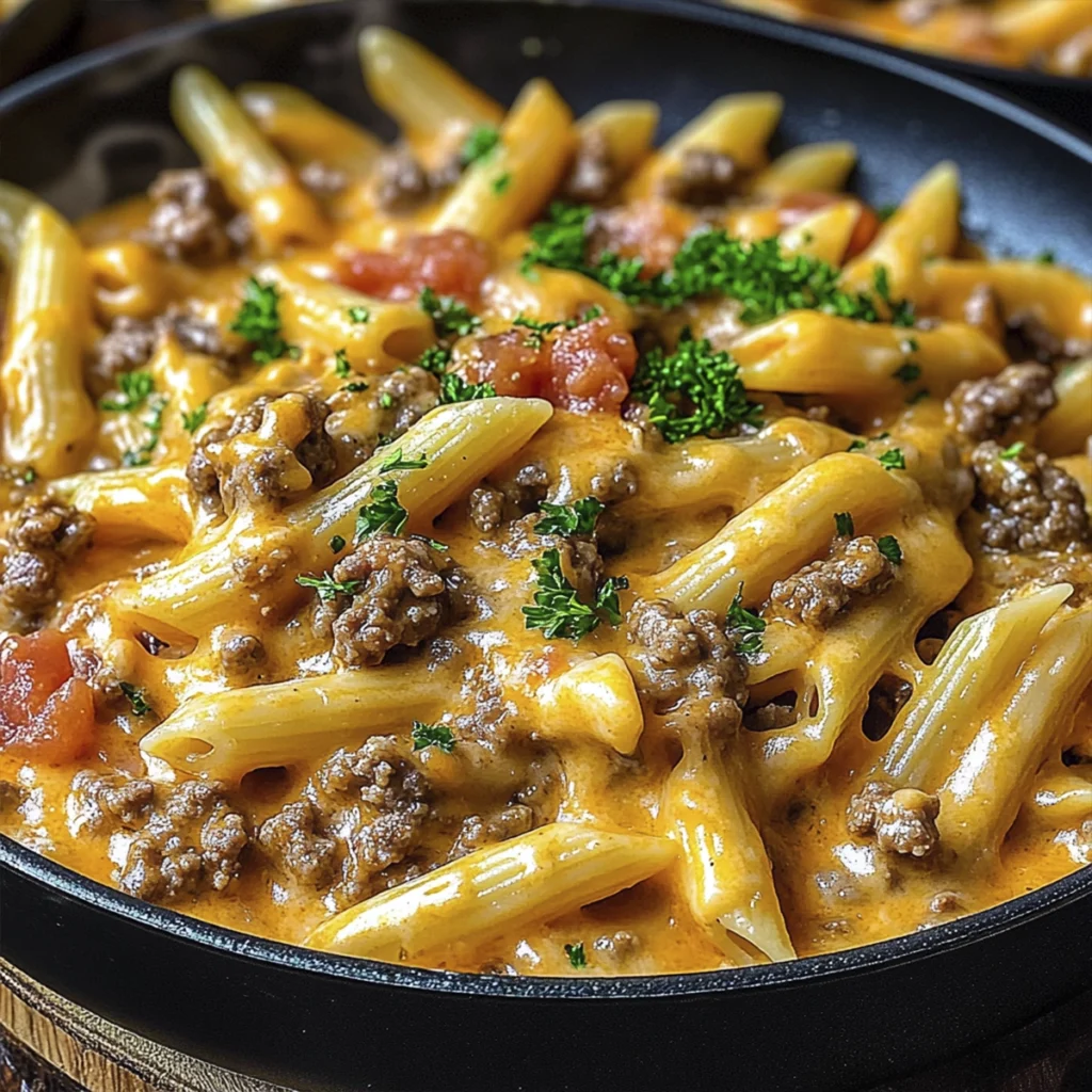 Close-up of creamy beef penne pasta in a skillet with melted cheese, ground beef, and fresh parsley garnish.