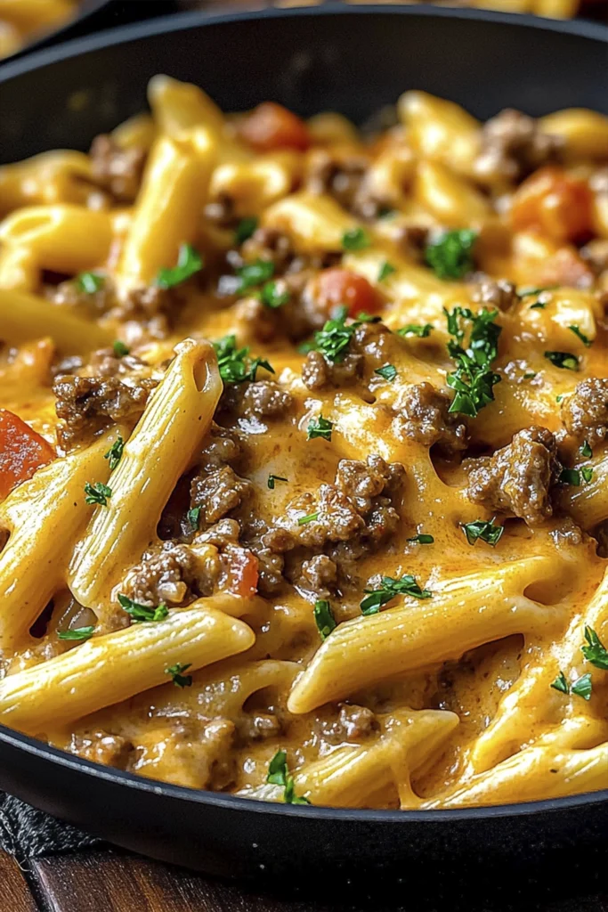 Creamy cheesy beef penne pasta in a skillet topped with ground beef, melted cheddar sauce, diced tomatoes, and fresh parsley.
