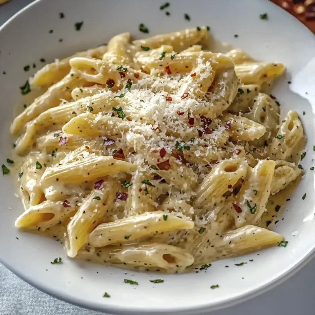 Bright creamy penne alfredo pasta topped with shaved parmesan, black pepper, parsley, and chili flakes in a white bowl.
