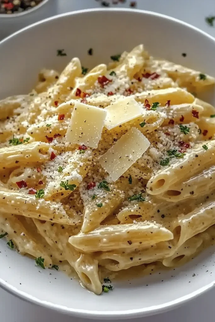 Close-up of creamy garlic parmesan penne pasta topped with parmesan shavings, red pepper flakes, and fresh parsley in a white bowl.