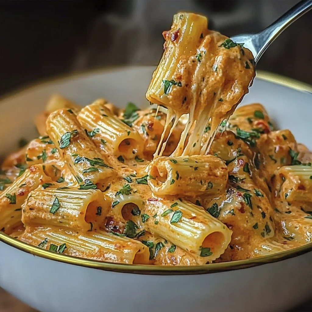 Close-up of creamy tomato basil rigatoni pasta in rich parmesan sauce with melted mozzarella cheese pull and fresh parsley garnish in a white bowl.