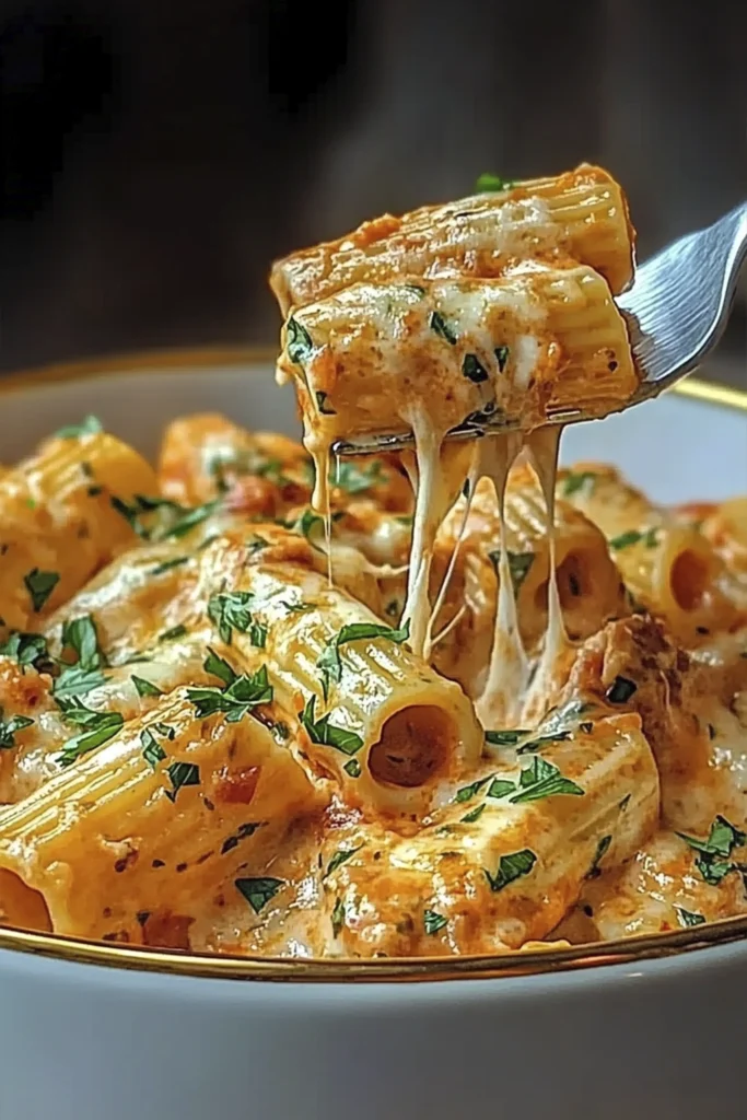 Creamy Baked Rigatoni with Tomato Cream Sauce and Melted Mozzarella