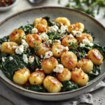 Crispy pan-seared gnocchi with sautéed spinach and crumbled feta cheese in a rustic bowl.