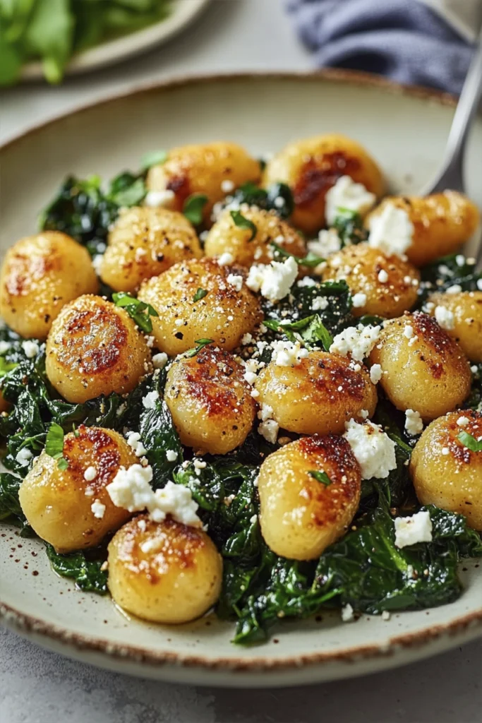 Crispy golden pan-seared gnocchi with sautéed spinach and crumbled feta cheese in a rustic bowl.