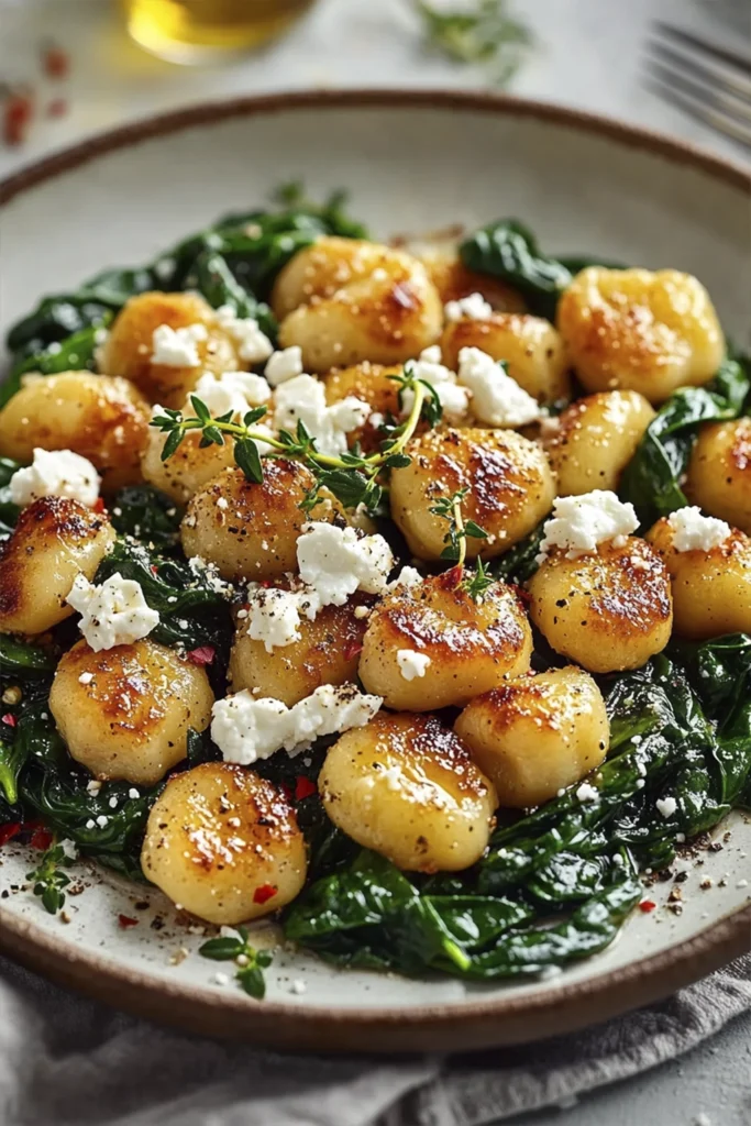 Golden pan-seared gnocchi with crispy edges, sautéed spinach, and crumbled feta cheese in a rustic bowl.
