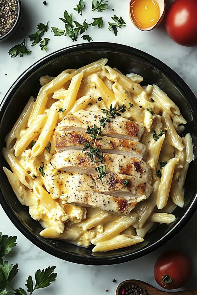 Overhead view of creamy chicken penne pasta in black bowl with thyme garnish and fresh ingredients on marble surface.
