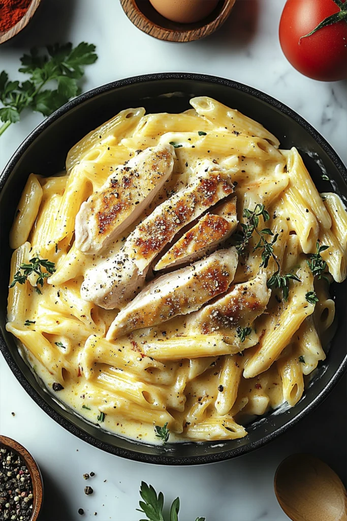 Creamy chicken penne pasta topped with fresh thyme and cracked black pepper.