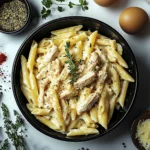 Creamy chicken penne pasta with garlic parmesan sauce and fresh thyme garnish in a black bowl.
