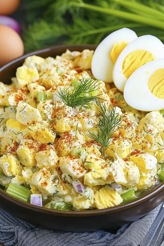 Close-up of creamy egg salad on a spoon with chopped eggs, celery, red onion, dill, and paprika.