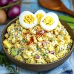 Close-up of creamy classic egg salad topped with halved boiled eggs, dill, and paprika in a rustic bowl.