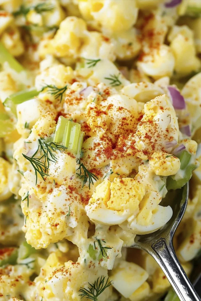 Close-up of creamy egg salad with chopped eggs, celery, red onion, dill, and sliced boiled eggs garnish in a bowl.