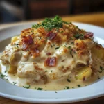 Creamy chicken and potato casserole topped with crispy bacon and parsley on a white plate.